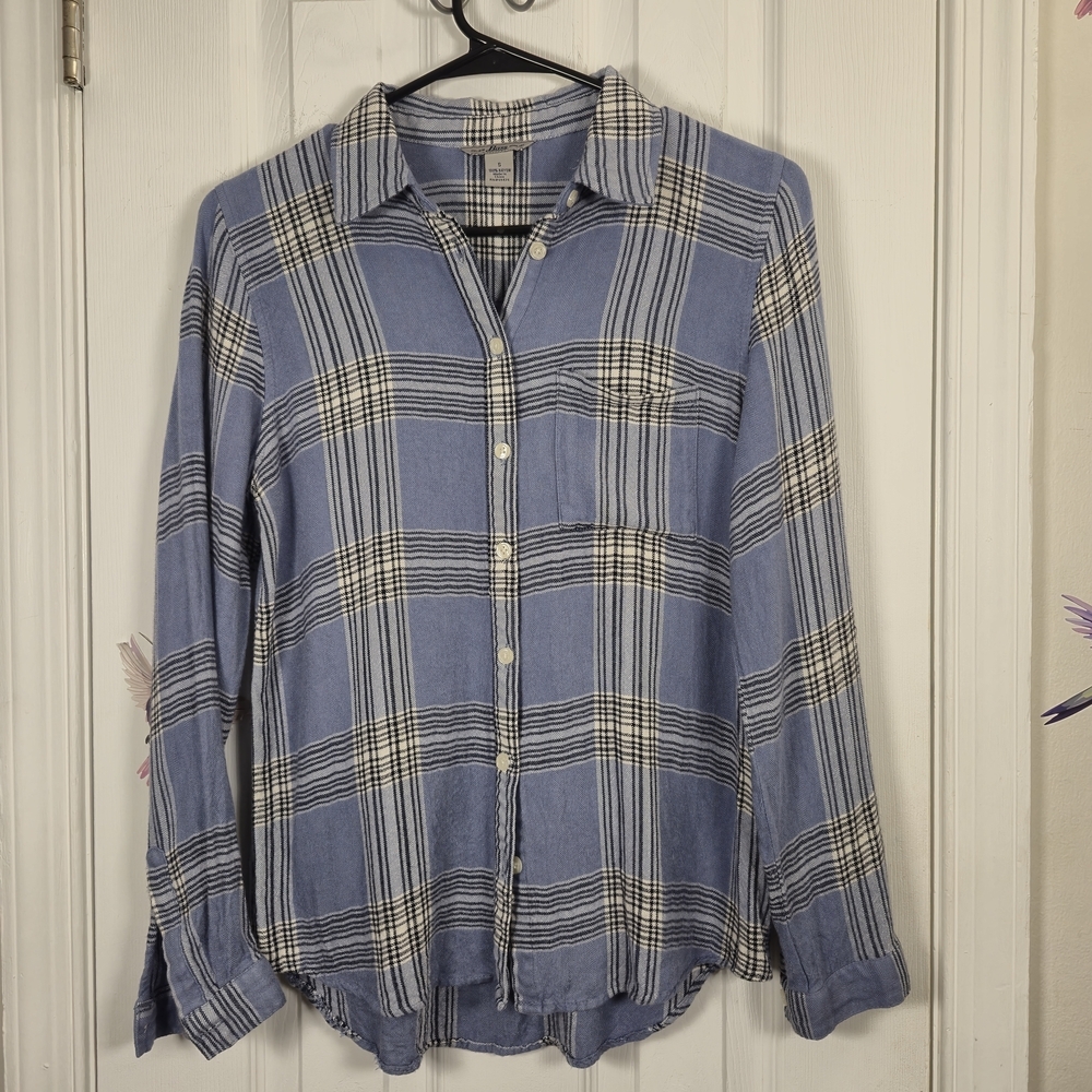 Bass Blue Plaid Button Down 100% Rayon Flannel Style Shirt Small